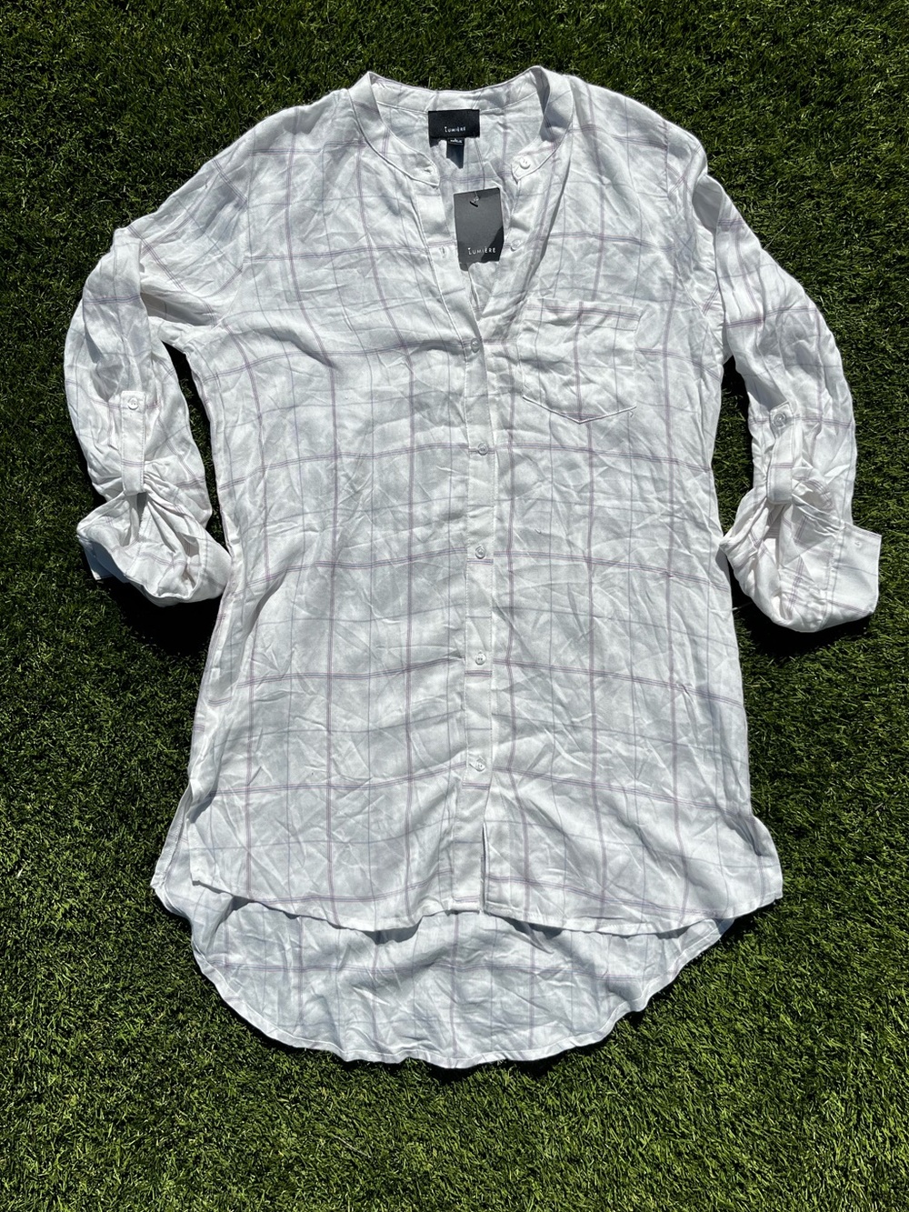 ✨ Lumière White Plaid Button-Down Tunic Shirt / Coverup ✨